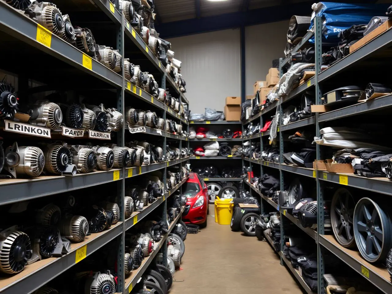 Shelves of recovered used car parts